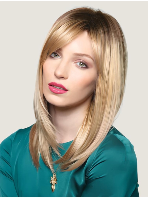 16'' Fashionable Blonde Straight With Bangs Long Lace Front Synthetic Women Wigs