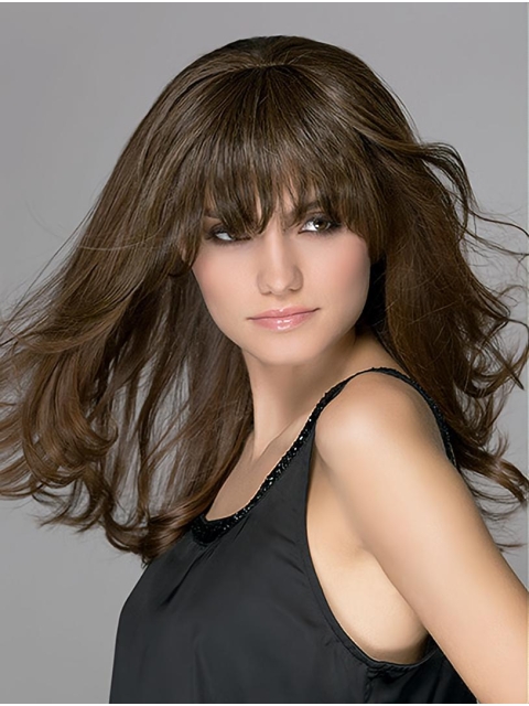 16'' Wavy With Bangs Monofilament Brown Synthetic High Quality Long Women Wigs