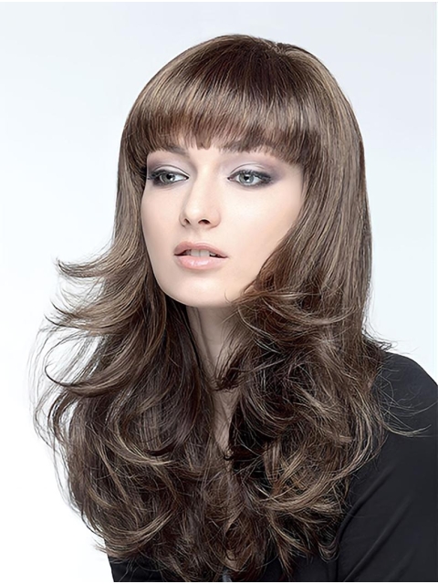 18'' Wavy  Brown With Bangs Capless Synthetic Long Human Hair Wig