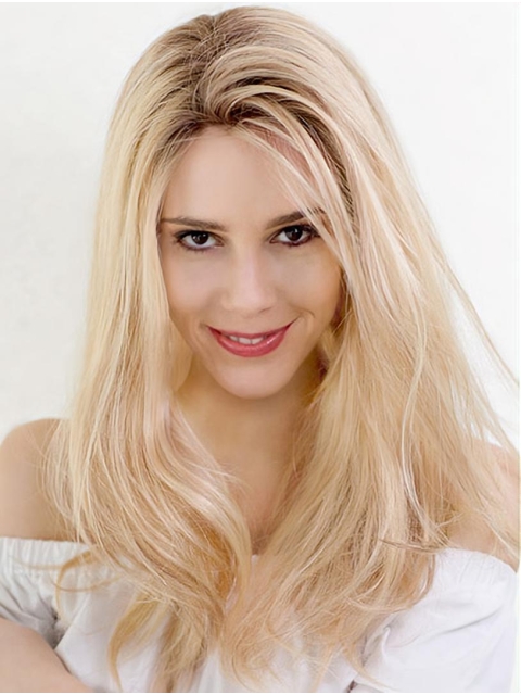 18" Long Blonde Wavy Without Bangs Layered 100% Hand-Tied Monofilament Ombre/2 tone  Human Hair Tied Wigs