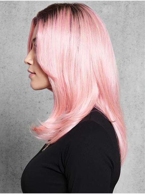 16" Pink Wavy Convenient Without Bangs Lace Front Synthetic Women Wigs