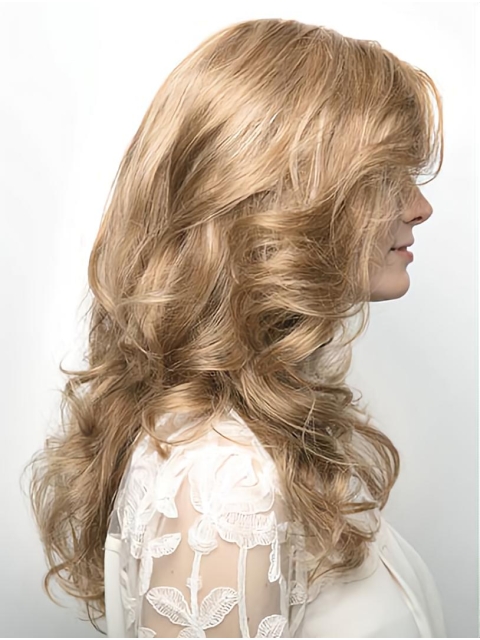 Blonde Long 16" Wavy Without Bangs Monofilament Lace Front Modern Human Hair Wigs