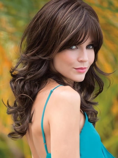 Brown 18" Wavy With Bangs Capless Long Synthetic Women Wigs