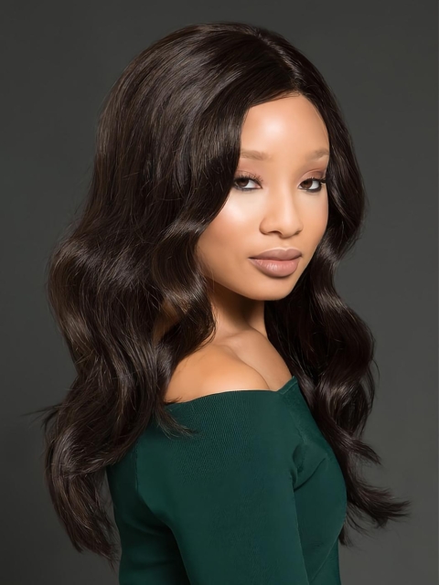 16'' Durable Long Wavy Without Bangs Layered Black Full Lace Human Hair Women African American Wigs