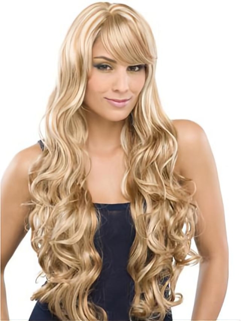 24'' Wavy With Bangs 100% Hand-Tied Monofilament Flexibility Remy Human Hair Blonde  Long Human Hair Wigs