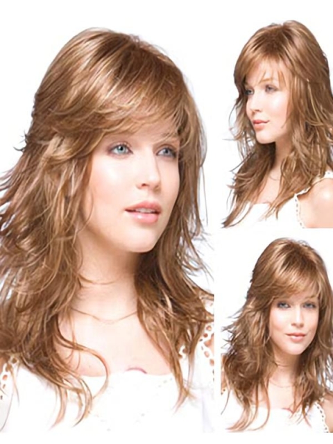 15''Hairstyles Auburn Wavy With Bangs Capless Long Human Hair Wigs