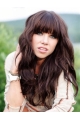 20" Brown Wavy With Bangs 100% Hand Tied Human Hair Women Wigs