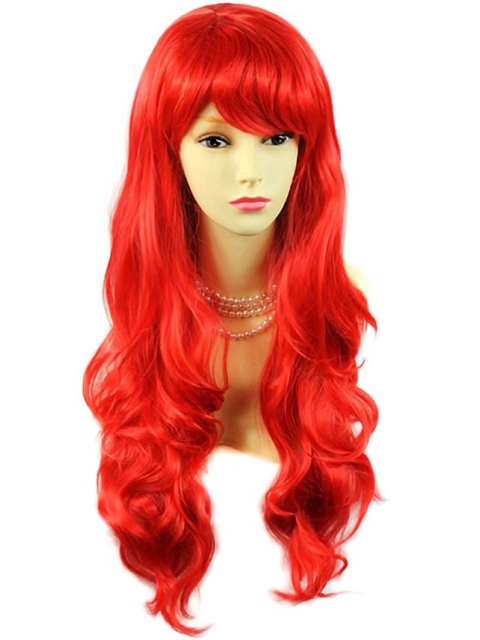 24'' Long Wavy With Bangs Capless Human Hair Red Women Wigs