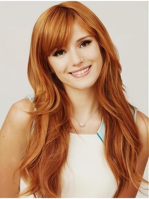 22'' Comfortable Long Wavy With Bangs Hand Tied Copper Human Hair Wigs