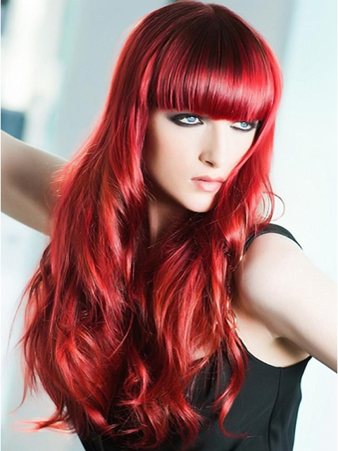 22'' Light Red Wavy With Bangs Capless Human Hair Women Wigs