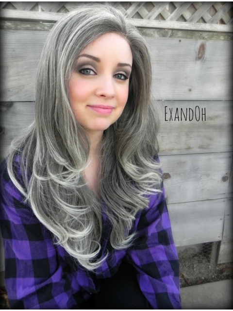 18'' Popular Long Wavy Wihtout Bangs Hand-tied Fabulous Synthetic Grey Wigs