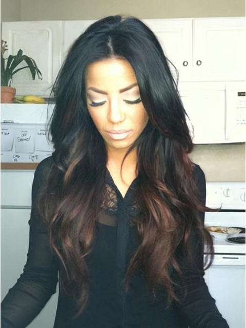 24'' Long Wavy Without Bangs Full Lace 100% Human Hair Ombre Color Wigs