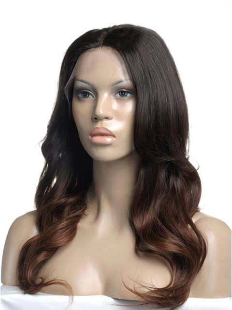 24'' Long Wavy Without Bangs Full Lace 100% Human Hair Ombre Color Wigs