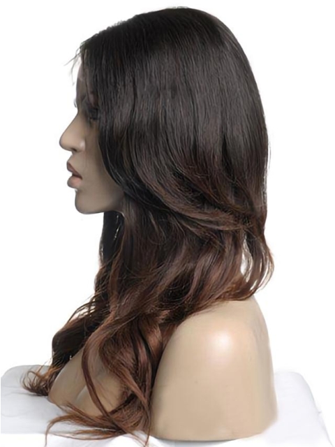 24'' Long Wavy Without Bangs Full Lace 100% Human Hair Ombre Color Wigs