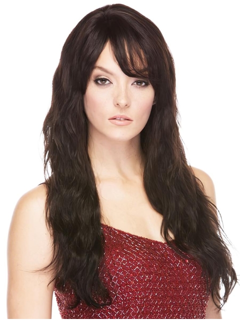 18'' Graceful Brown Wavy With Bangs Capless Long Human Hair Women Wigs