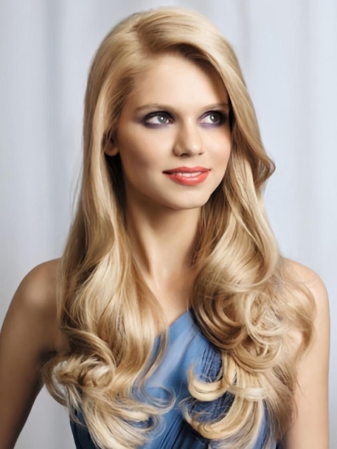 Blonde Wavy Without Bangs Monofilament Lace Front Synthetic Cosy Long Wigs