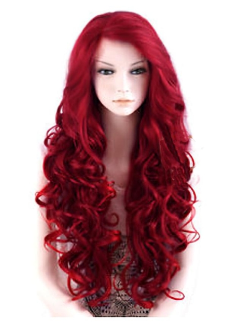 24 Inches Long Wavy Without Bangs Lace Front Red Synthetic Women Wigs