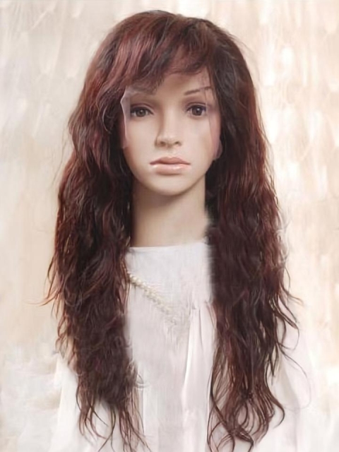 22'' Soft Auburn Wavy With Bangs 100% Hand-Tied Remy Human Hair Long Women Wigs