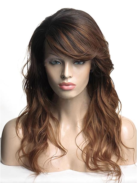 20'' Wavy With Bangs  Monofilament Top Long Ombre Hair Color Human Hair Wigs