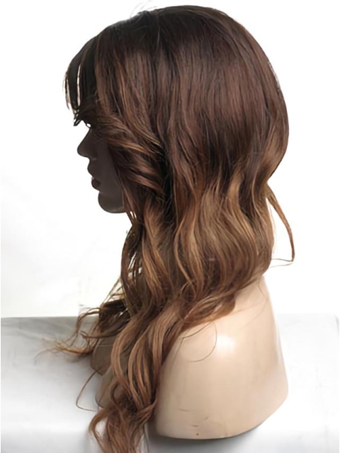 20'' Wavy With Bangs  Monofilament Top Long Ombre Hair Color Human Hair Wigs