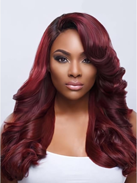 Dark Red Long Wavy With Wavy Bangs Charming Lace Front Wigs