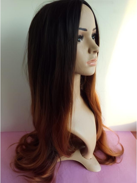 Suitable 24 Inch long Wavy Style Lace Front 100% Remy Hair Ombre Wigs