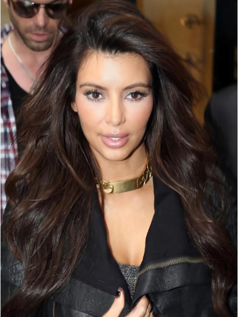 Amazing Elegant Kim Kardashian Hairstyle Long Loose Wavy Brown Lace Wig 100% Human Hair 24 Inches