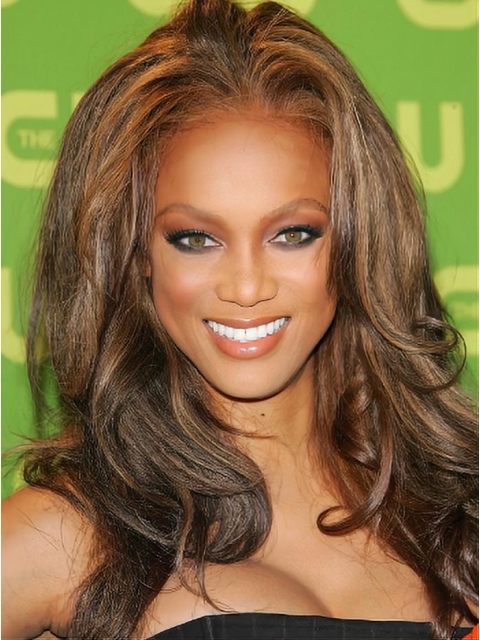 Tyra Banks Flowery Enthusiastic Long Wavy Lace Front Human Hair Wig 18 Inches