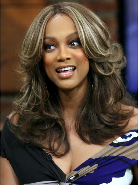 Tyra Banks Beautiful Intriguing Shoulder-hitting Long Wavy Layered Glueless Lace Front Human Hair Wig 16 Inches