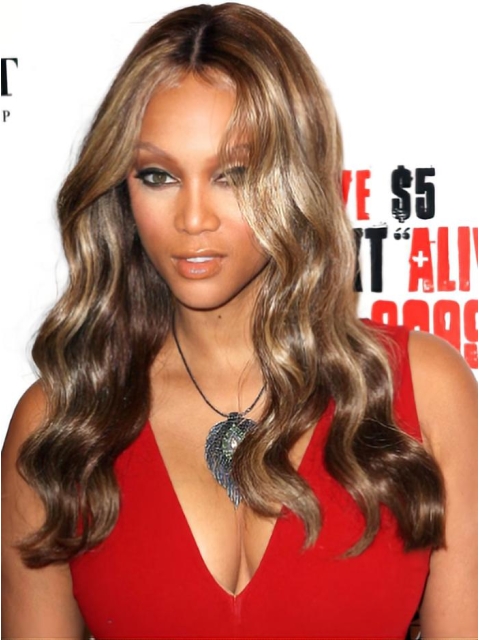 Tyra Banks Well-trimmed Long Wavy Lace Human Hair Wig 20 Inches