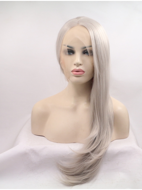 Long Wavy Without Bangs Grey Lace Front 25" Synthetic Wigs