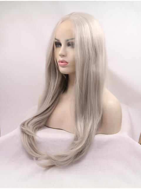 Long Wavy Without Bangs Grey Lace Front 25" Synthetic Wigs