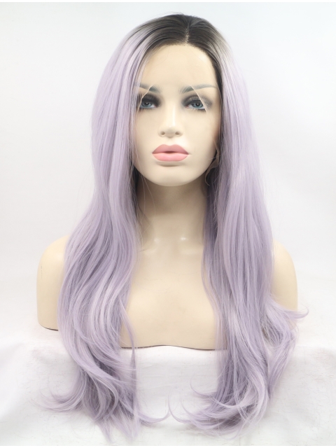 Long Purple Without Bangs 24" Lace Front Wavy Synthetic Wigs