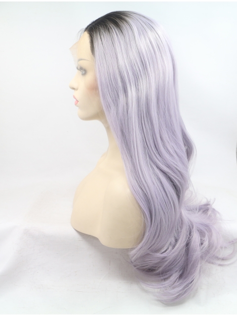 Long Purple Without Bangs 24" Lace Front Wavy Synthetic Wigs