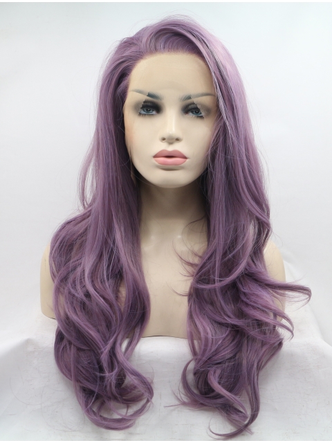 Long Purple Layered 26" Lace Front Wavy Synthetic Wigs