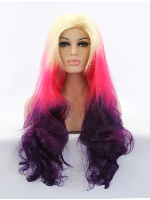 Long Ombre/2 Tone Without Bangs 30" Lace Front Wavy Synthetic Wigs