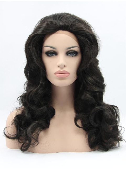 Shoulder Length Black Without Bangs 17" Lace Front Wavy Synthetic Wigs