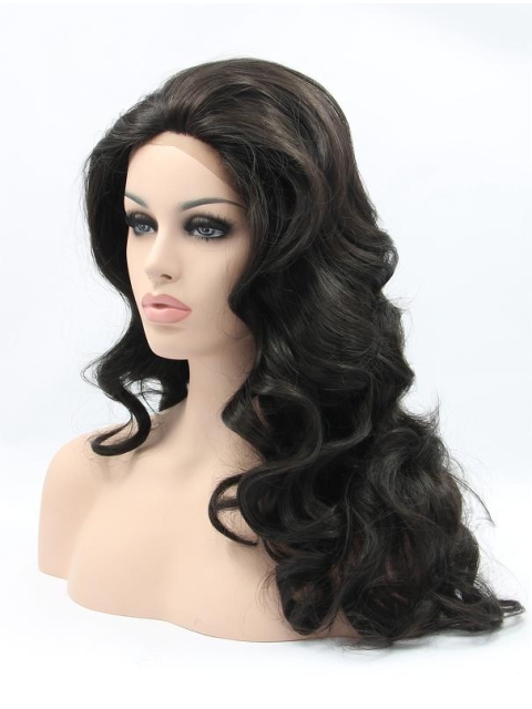 Shoulder Length Black Without Bangs 17" Lace Front Wavy Synthetic Wigs