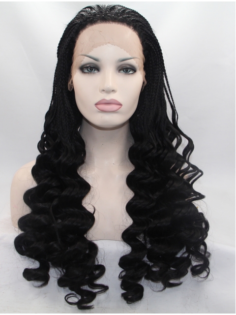 Long Black Without Bangs 24" Lace Front Wavy Synthetic Wigs