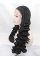 Long Black Without Bangs 24" Lace Front Wavy Synthetic Wigs