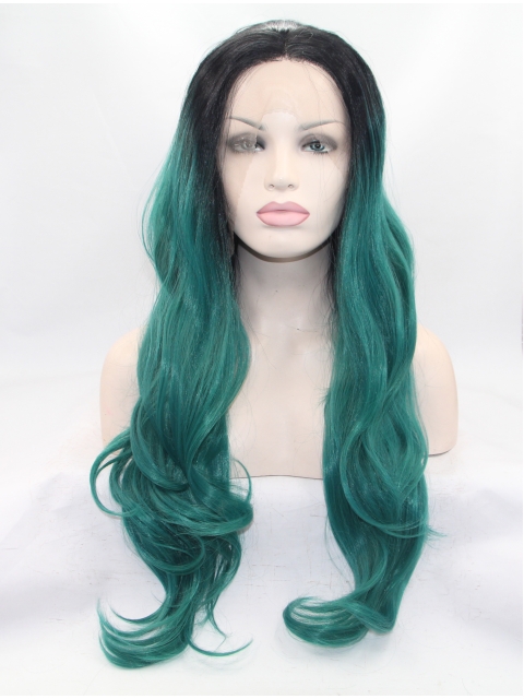 28" Wavy Green Layered Synthetic Lace Front Long Wigs