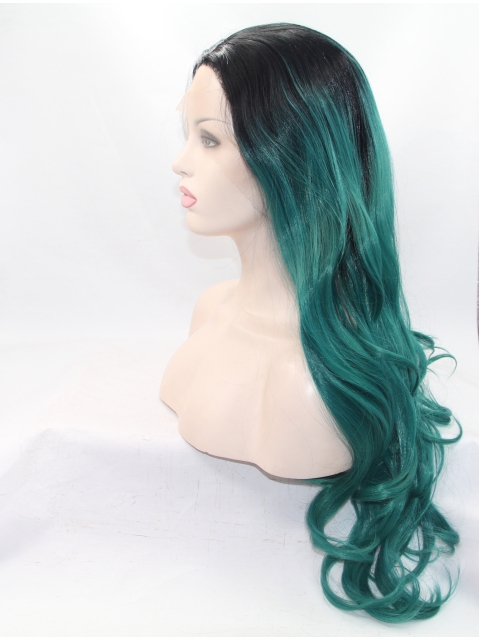 28" Wavy Green Layered Synthetic Lace Front Long Wigs