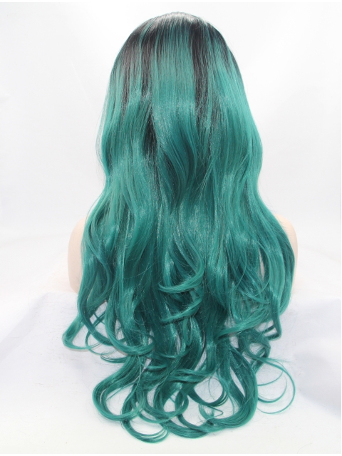 28" Wavy Green Layered Synthetic Lace Front Long Wigs