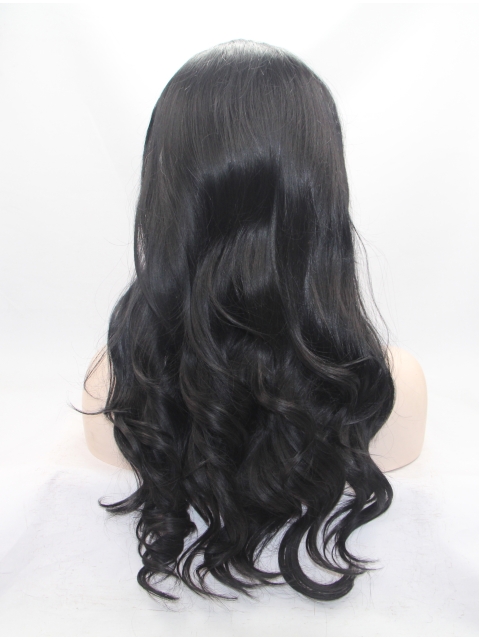 18" Wavy Black With Bangs Synthetic Lace Front Long Wigs