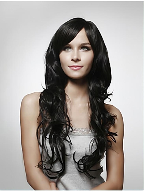 Beautiful Black Curly Remy Human Hair Long Wigs