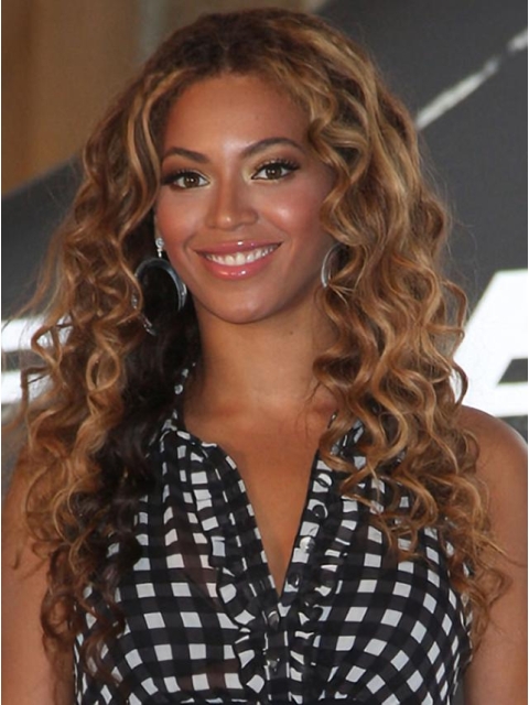 Beyonce Knowles Quietly Elegant Long Layered Curly Full Lace 100% Human Hair Wig about 20 Inches