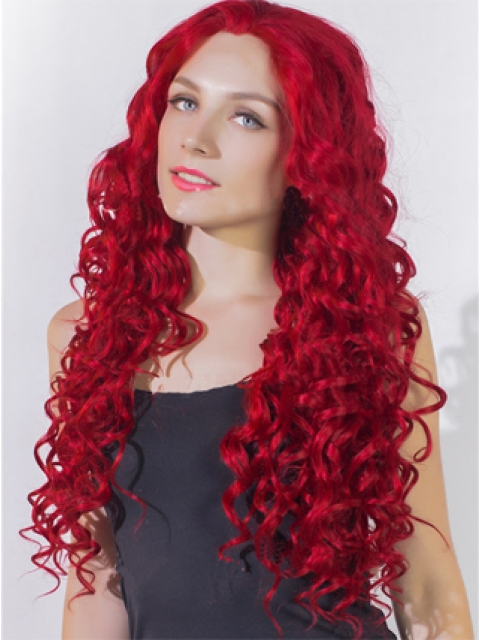 24 Inches Curly Long Lace Front Red Human Wigs