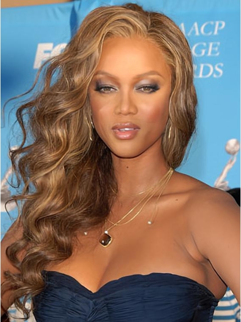 Tyra Banks Charming Sultry Long Curly Glueless Lace Front Human Hair Wig 22 Inches