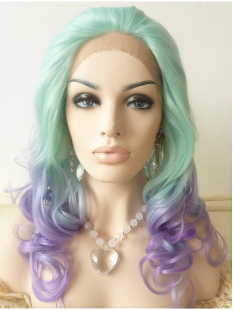 21" Curly Ombre/2 Tone Without Bangs Synthetic Lace Front Long Wigs