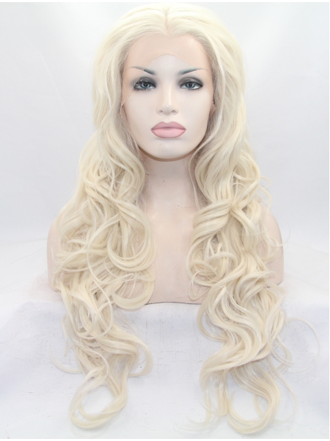 25" Curly Blonde Without Bangs Synthetic Lace Front Long Wigs